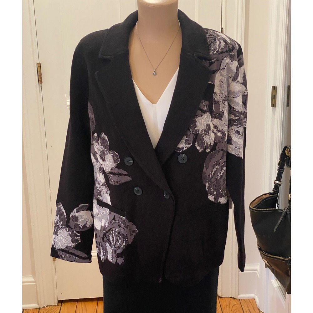 Chico's Black and Gray Floral Double-Breasted Cardigan Blazer